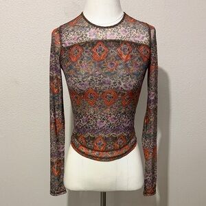 NATURAL LIFE Multicolor Printed Sheer Long-Sleeve Mesh Top Boho